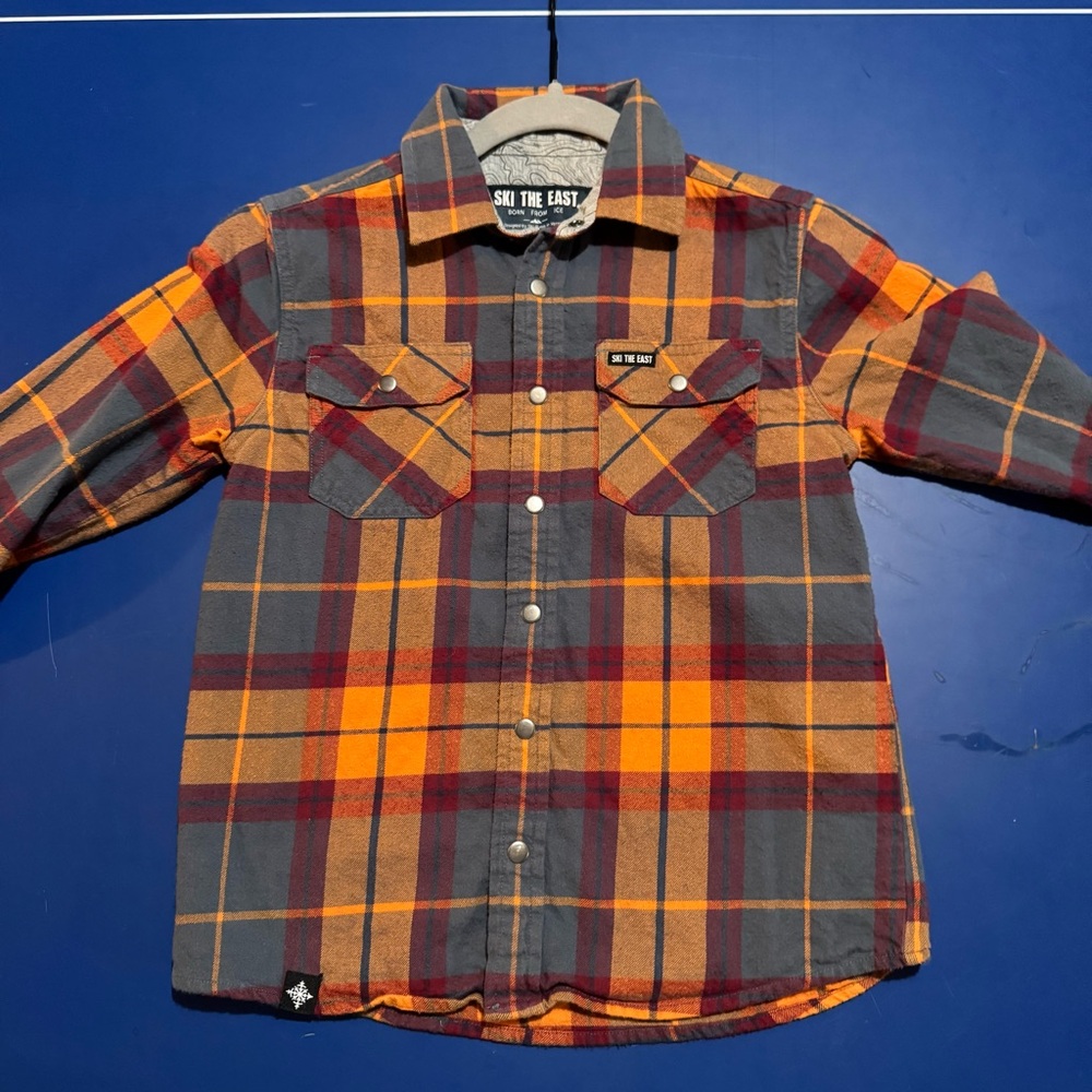 Ski The East Plaid Flannel Shirt Kids size small, snap front